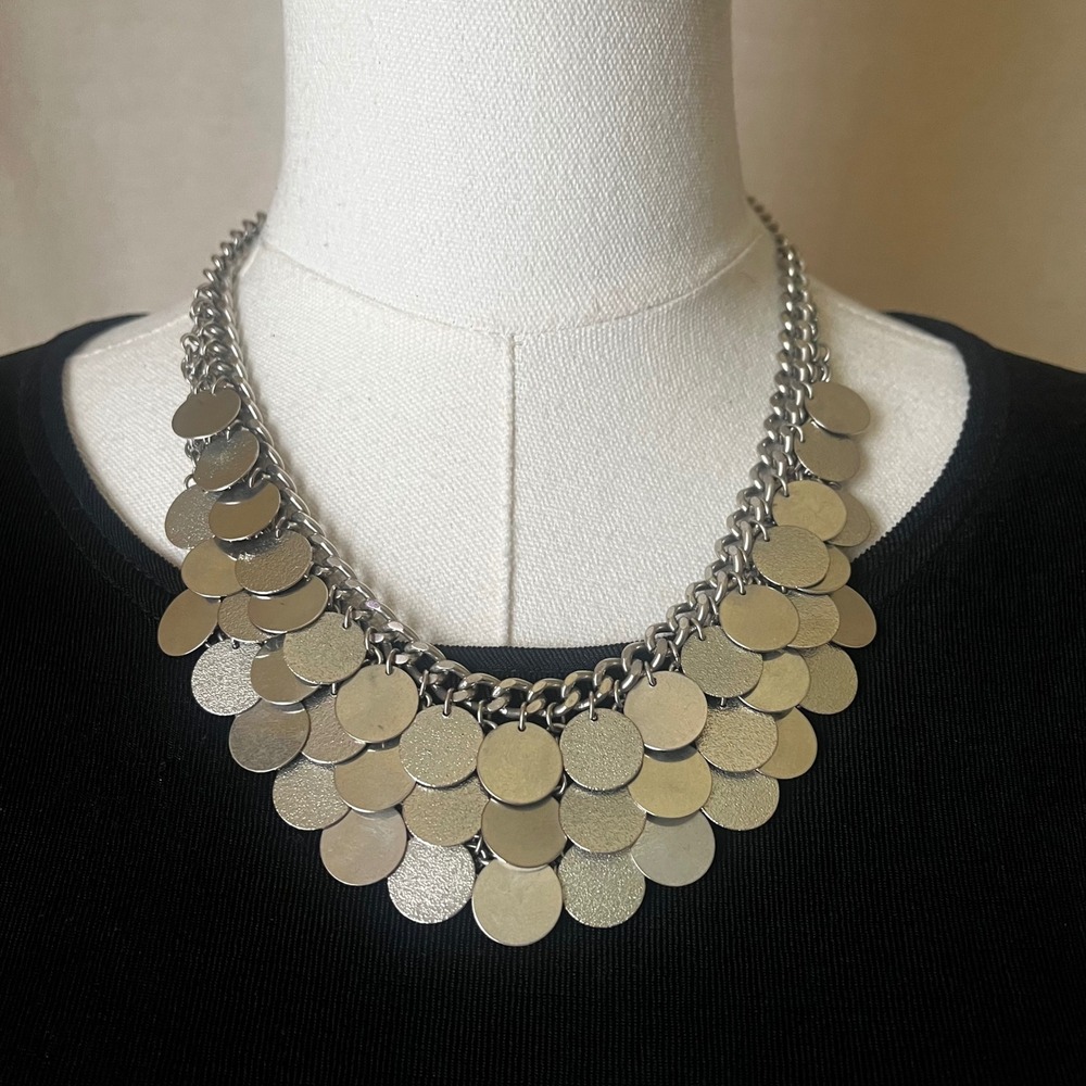 Silver Disc Fringe Bib Necklace Layered Coin Statement Adjustable 19-23"